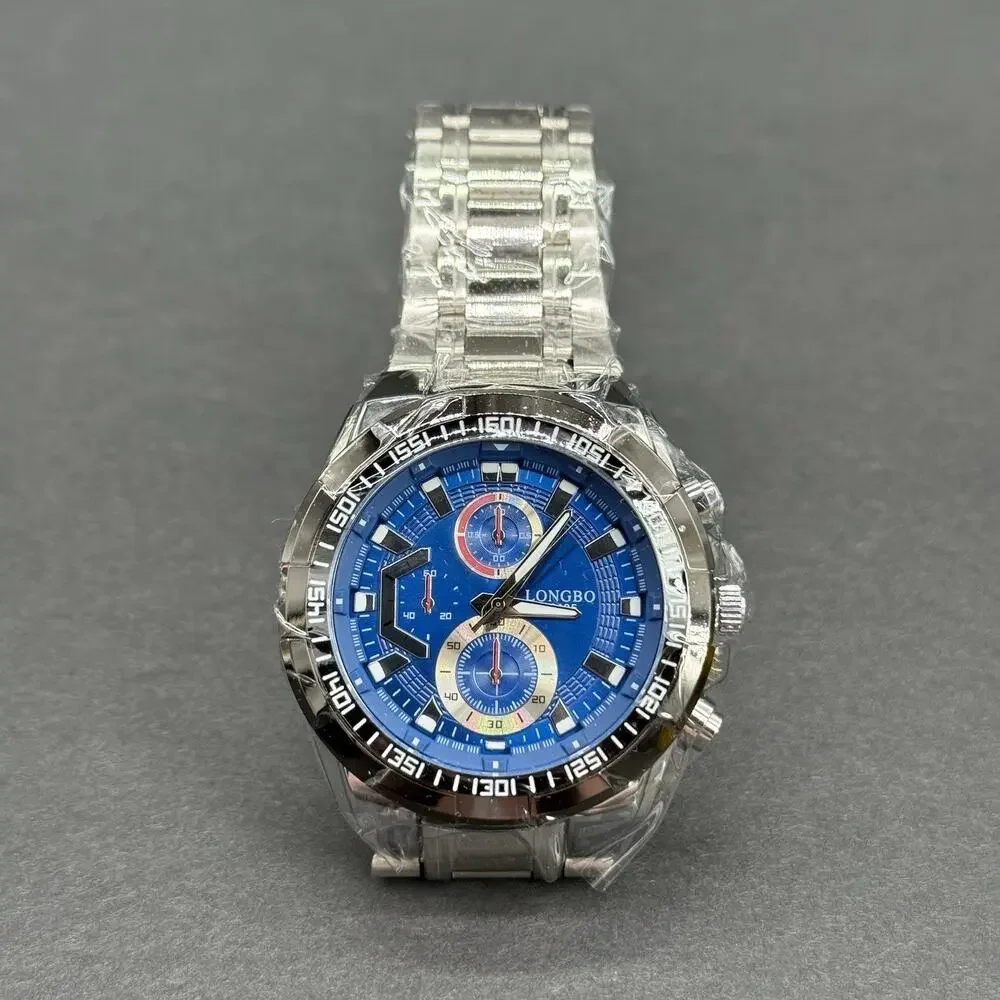 Longbo 80135 Men's Quartz Chronograph 12-Hour Blue Dial Silver Steel Watch
